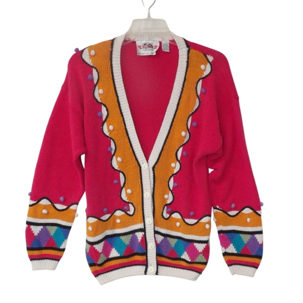 Vintage Abstract Beaded Cardigan Sweater Hot Pink Geometric  Buttons Size 40